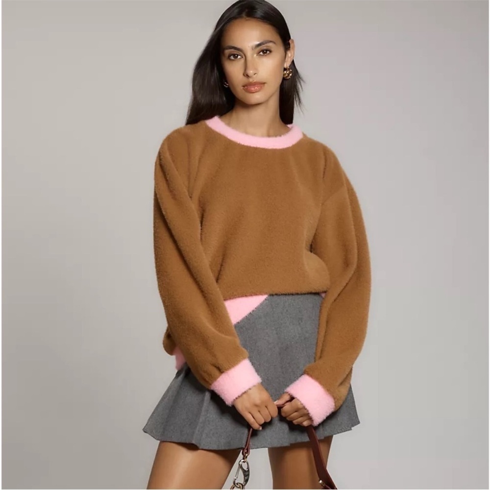 Anthropologie Maeve Cozy Ringer Fuzzy Sweatshirt Honey Brown and Pink NWT